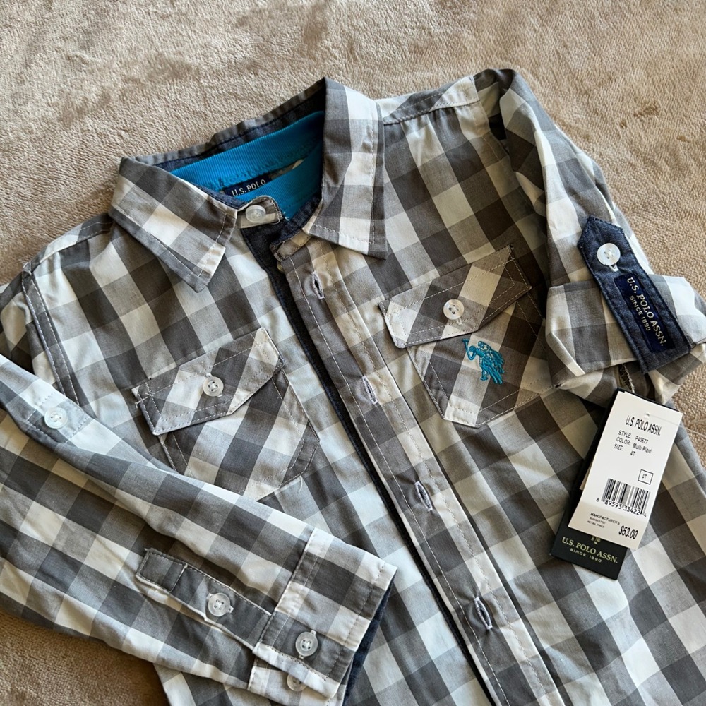 U.S. Polo Assn Shirt Set Boys 4T Grey White‎ Plaid Gingham Tee Excellent 2 piece
